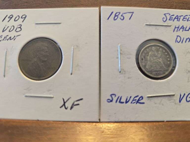 1909 VDB LINCOLN CENT XF, 1857 SEATED HALF DIME VG