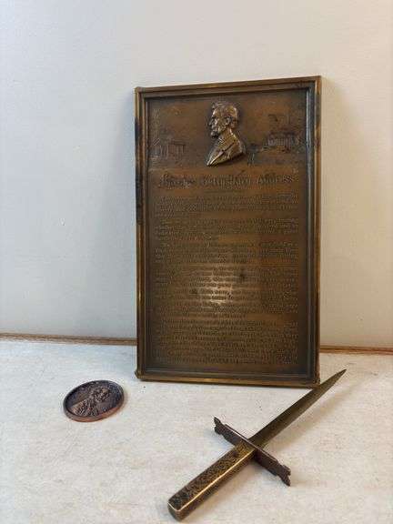 Lincoln’s Gettysburg Address plaque, sword , Lg Penny