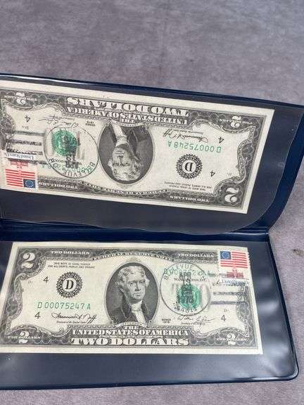 (2) 1976 $2 Federal Reserve Notes  Consecutive NumbersFirst Day Issue Stamped Bellevue Ohio RARE  Cr