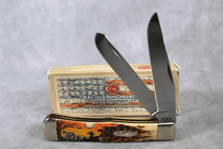 2020 CASE TRAPPER AMBER BONE PEACH SEED JIG HALLOWEEN SCRIMSHAW 6254