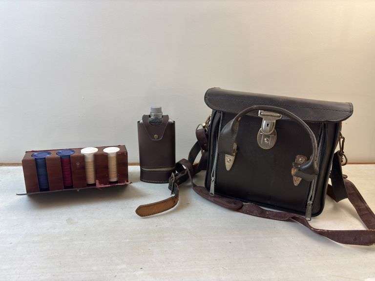Leather bag , poker chips ,