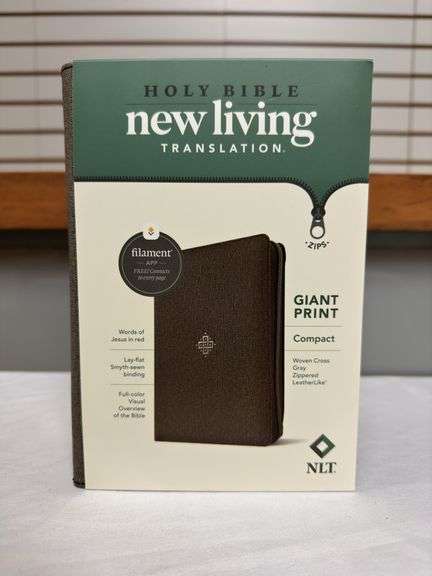 New Living Translation NLT Giant Print Bible Gray Leather Like Woven Cross Design Zippered