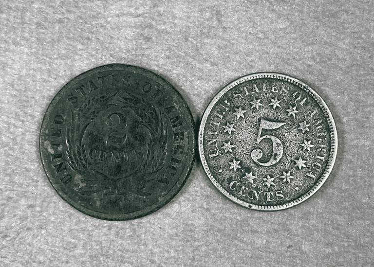 1864 Two Cent Piece + 1873 Shield Nickel