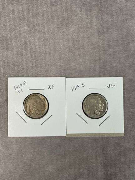 1913-P Type I almost full horn and 1918-S Better date, early mintmark Buffalo Nickels Nice lot