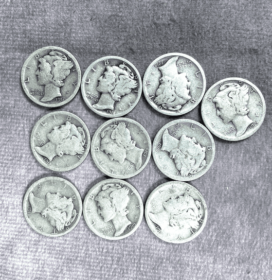 (10) Mercury Dimes 1917-1919  All Mintmarked