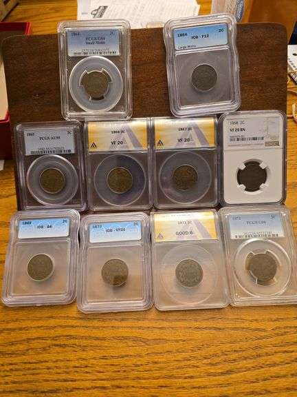 1864-1872 COMPLETE SET 2-CENT PIECES ALL GRADED
