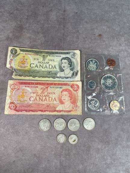 1964 Silver Canadian Proof Set+$1.20 Canadian Silver+1973 Canadian $1 note+1974 Canadian $2 note. Uncirculated  Low Serial Numbers