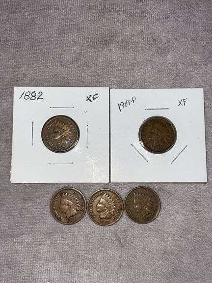 (5) Indian Head Cents  All full Liberty  1882 and 1909-P are very high Grades  Super Lot! LOOK