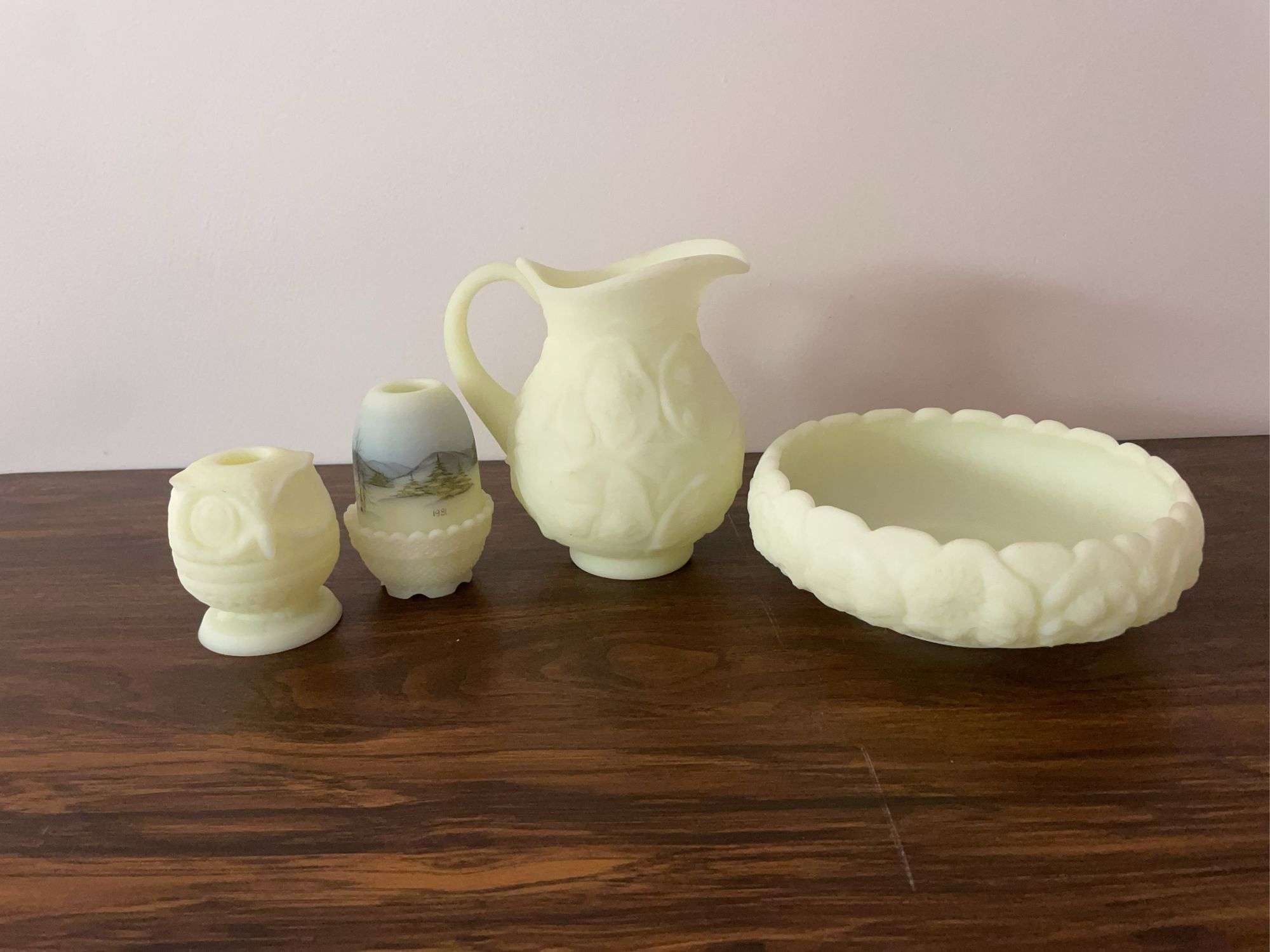 (4) pieces of Fenton - including owl dish, pitcher, bowl, and hand painted candle