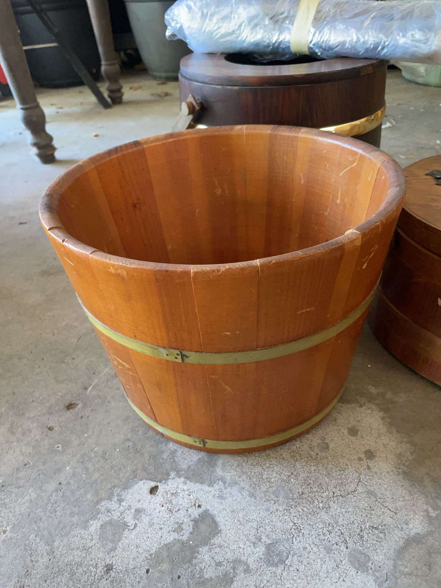 Nut cracker bucket, wooden planter w/ legs & sewing basket