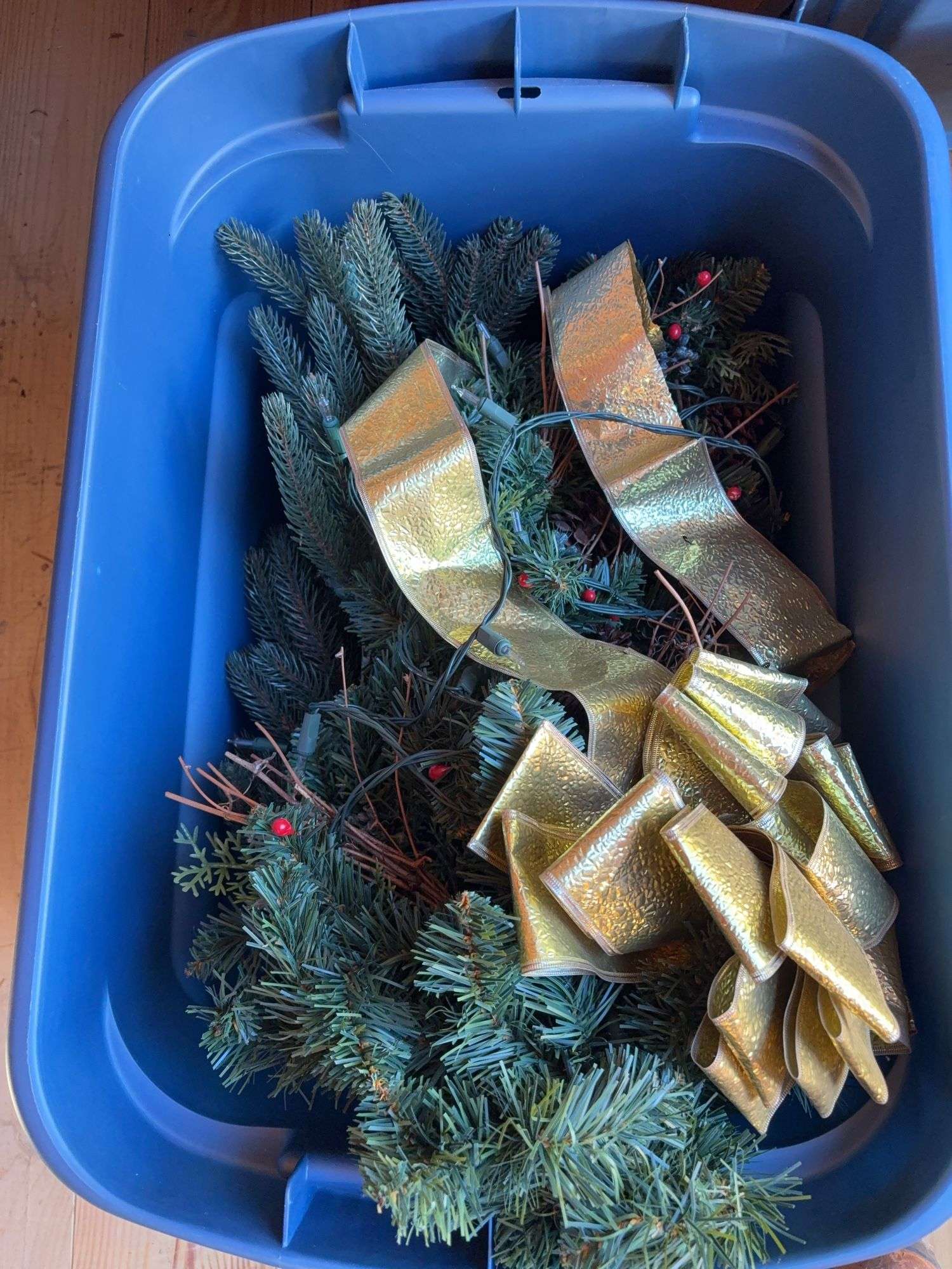 (2) totes with Christmas lights & garland