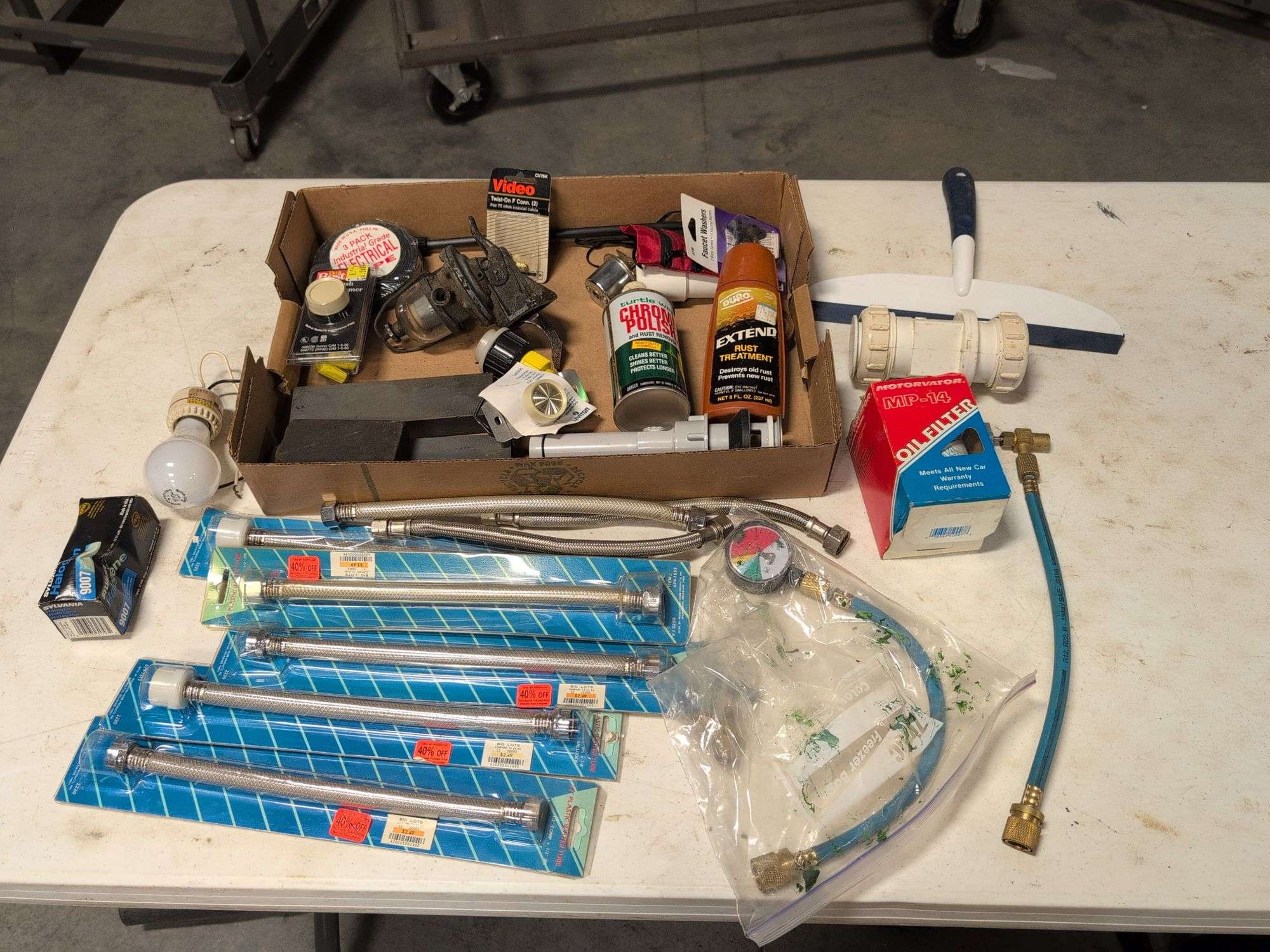 12" water tubes, electrical tape, pipe fittings, sharpening blocks, and more
