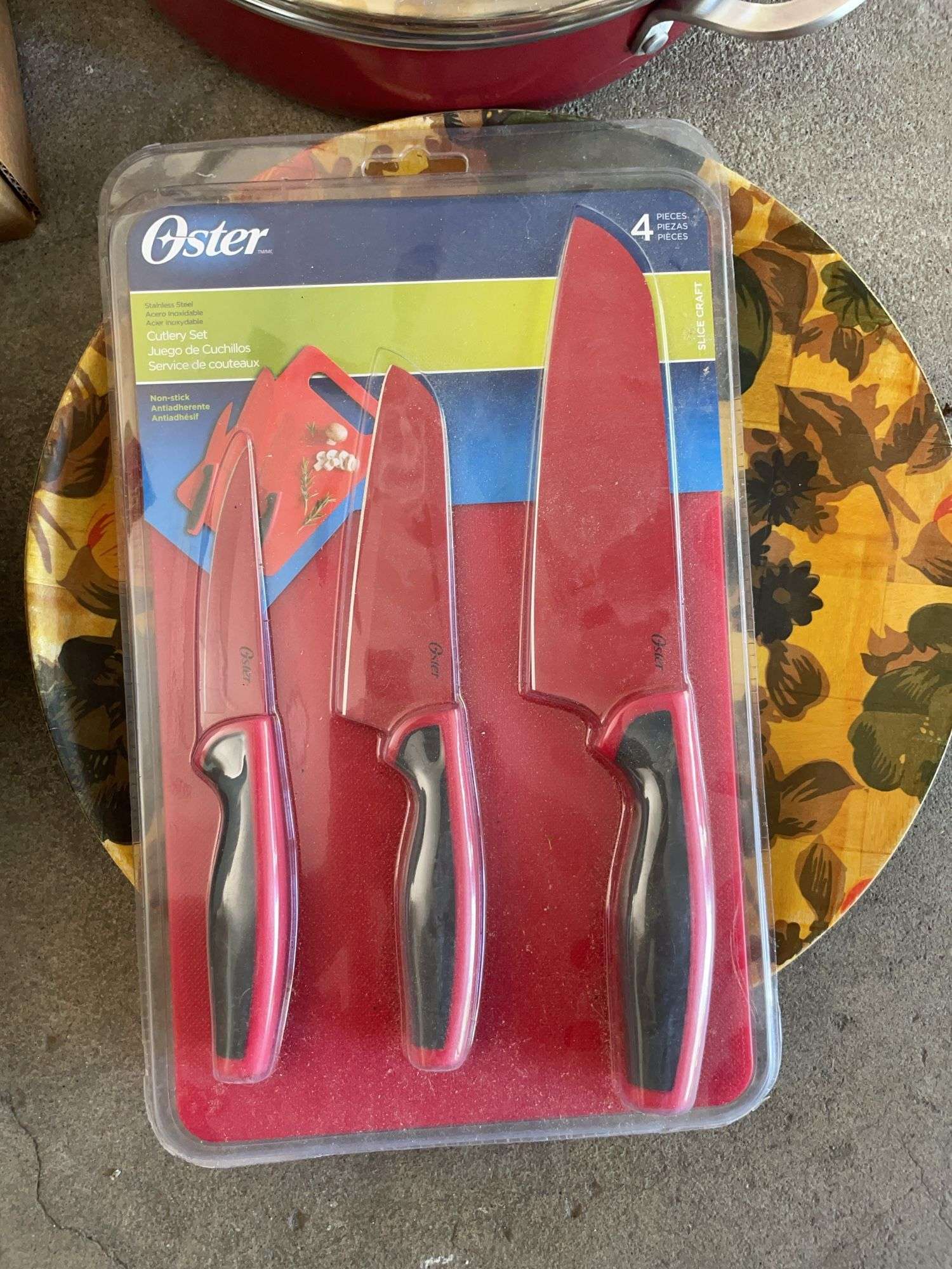 Kitchen lot including crock pot, frying pan, oster knife set & more