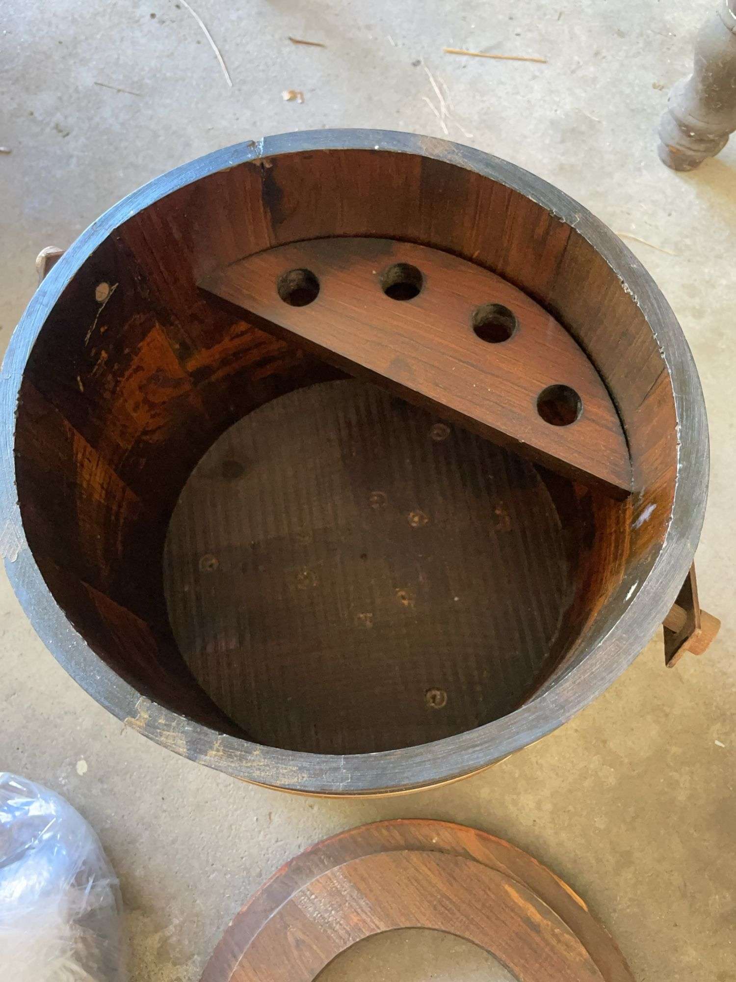 Nut cracker bucket, wooden planter w/ legs & sewing basket