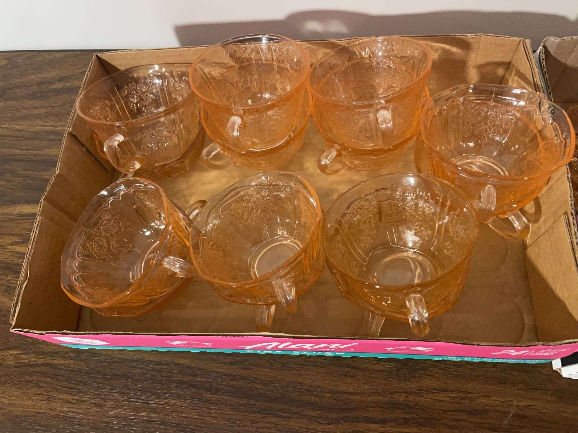 Pink depression glass mugs and sugar/cream containers