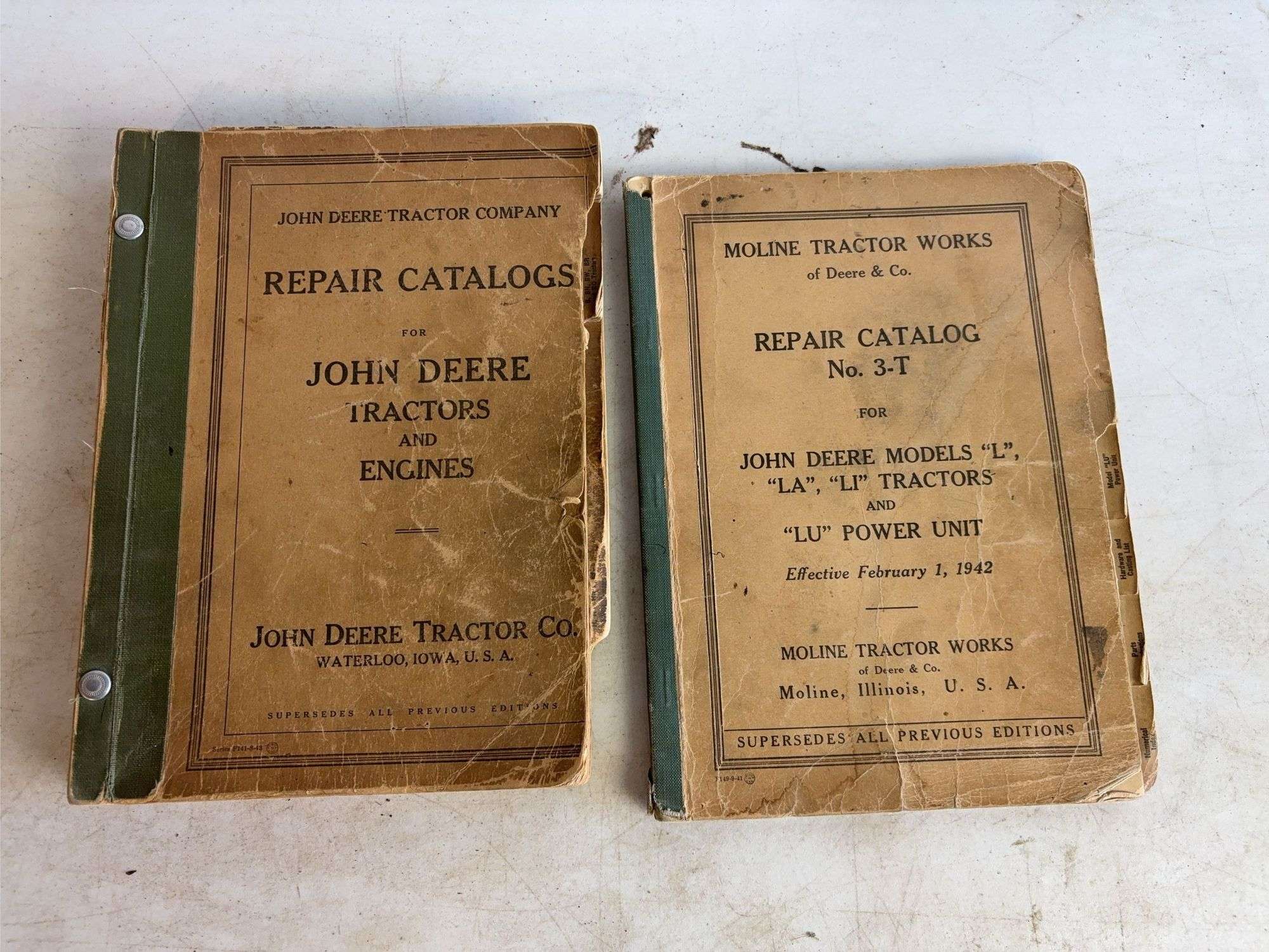 John Deere Tractor Company repair catalogs and Moline Tractor Works of Deere & Co repair catalog No.