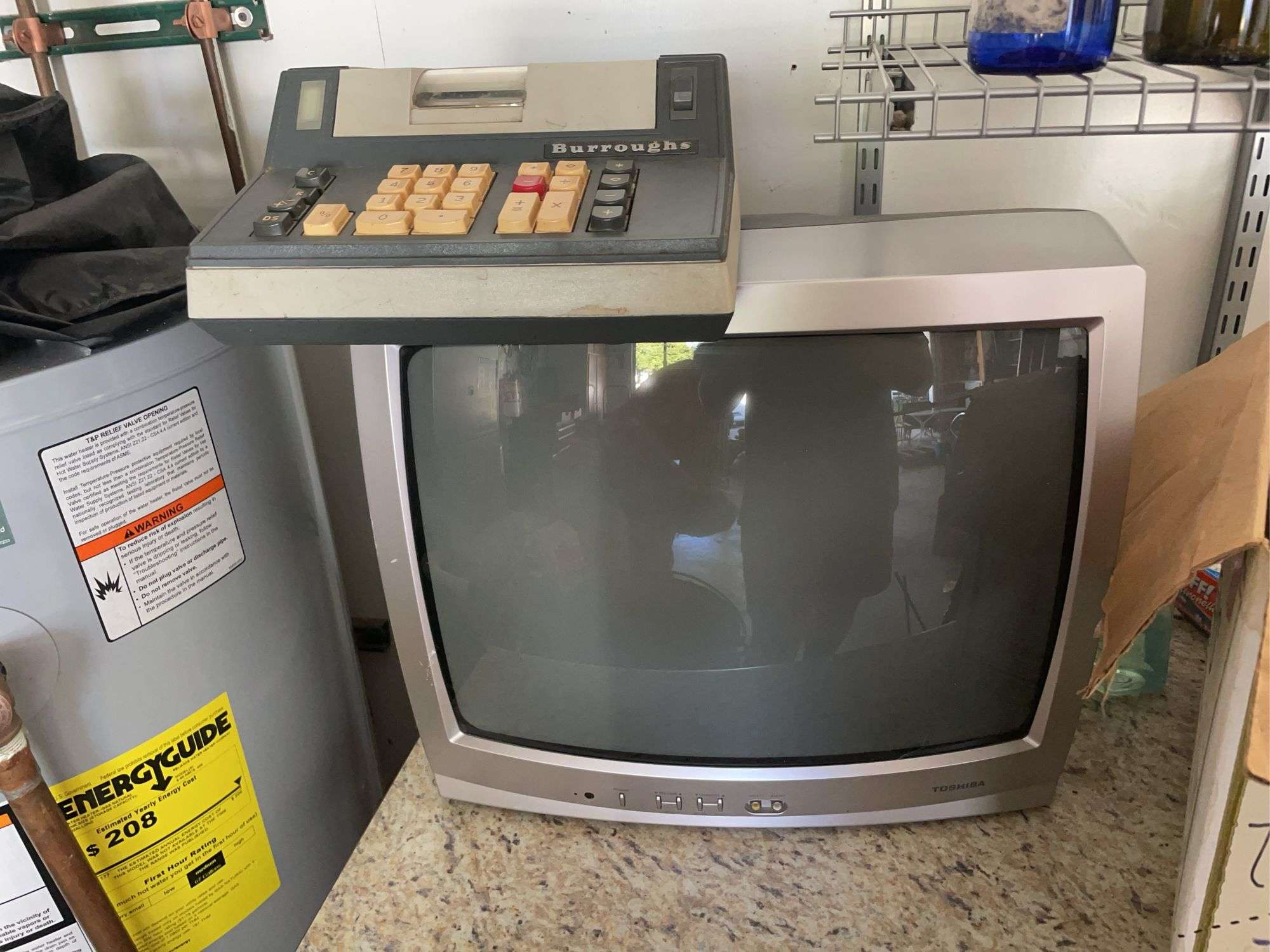Burroughs adding machine & Toshiba TV
