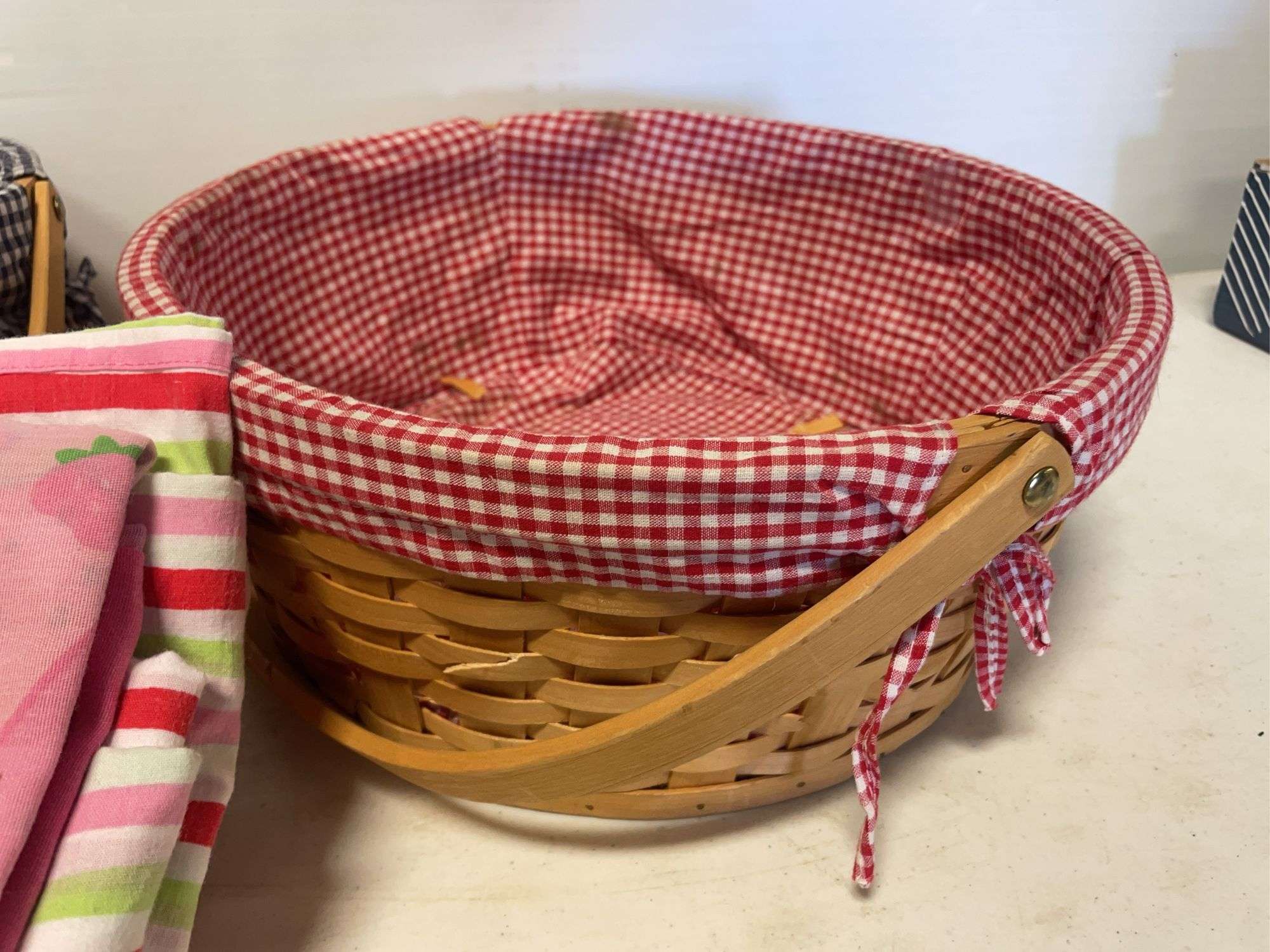 Baskets, cloth, and antique magazines