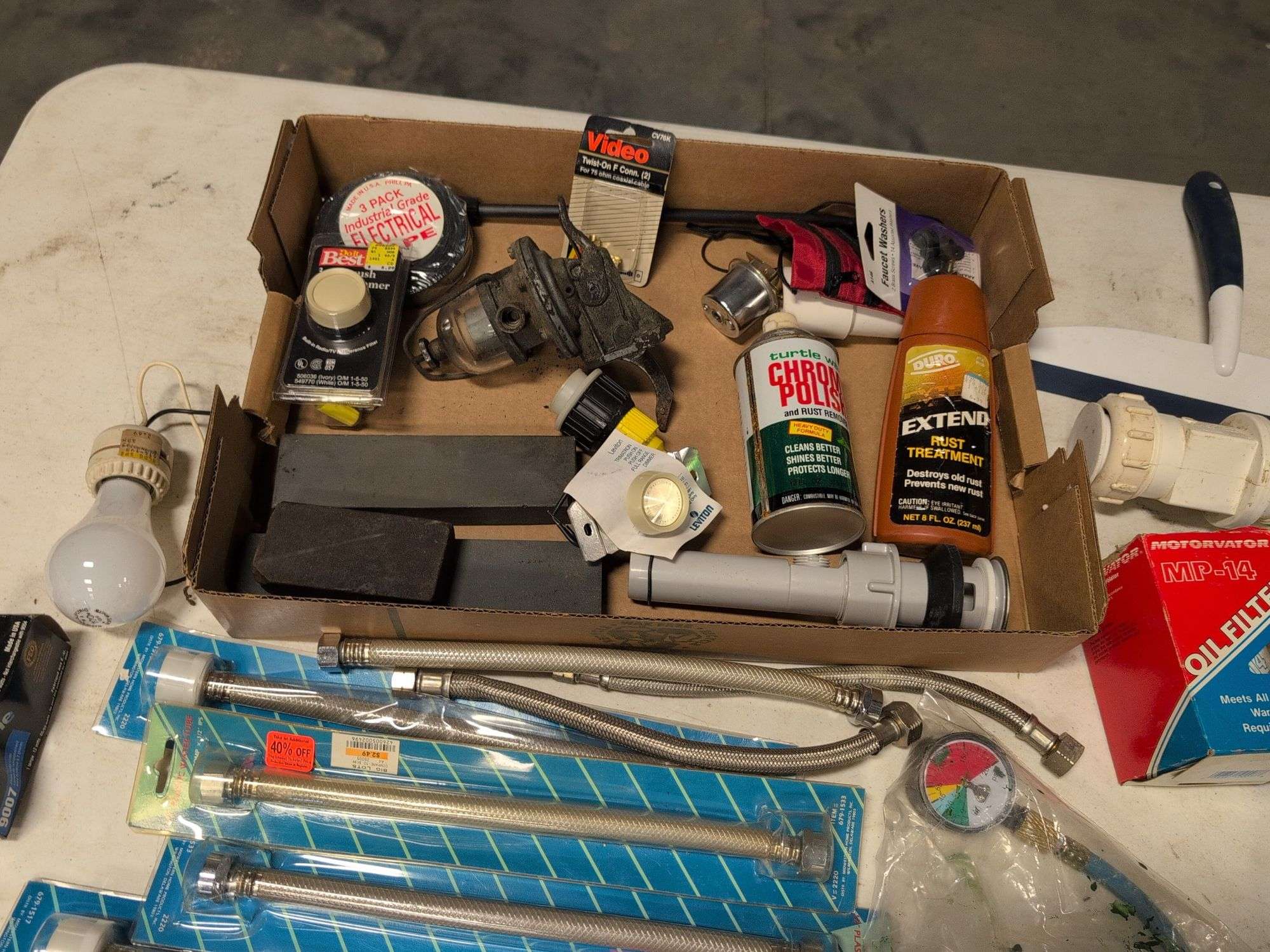 12" water tubes, electrical tape, pipe fittings, sharpening blocks, and more
