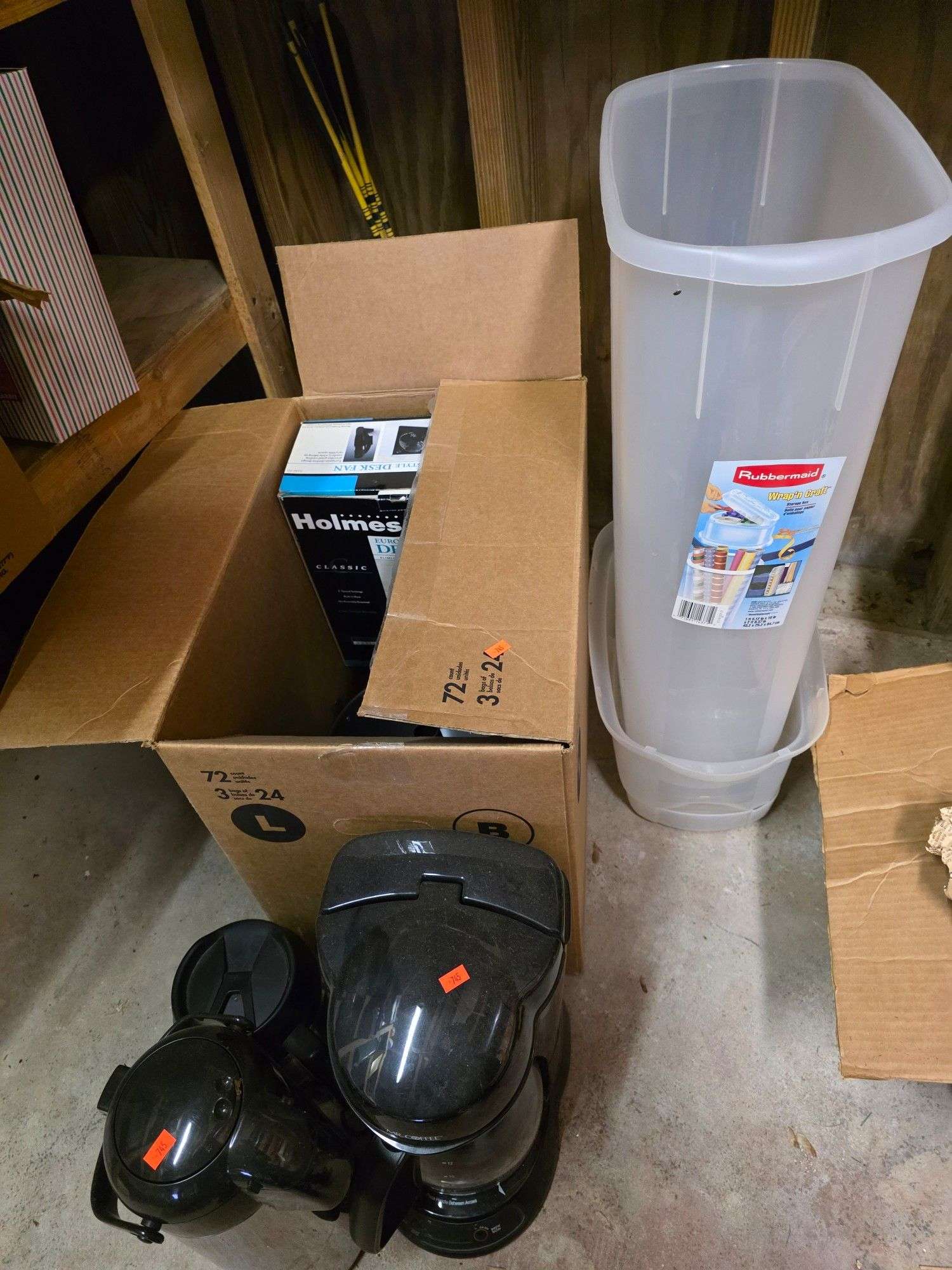 Coffee maker, kitchen wares, Rubbermaid tub