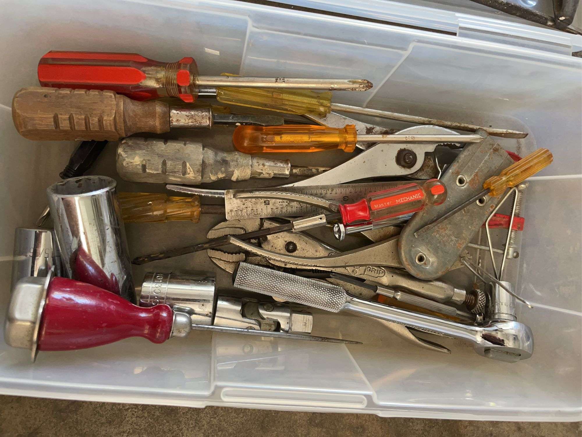 Tote w/ small indoor extension cords & tote w/ tools including screwdrivers & more