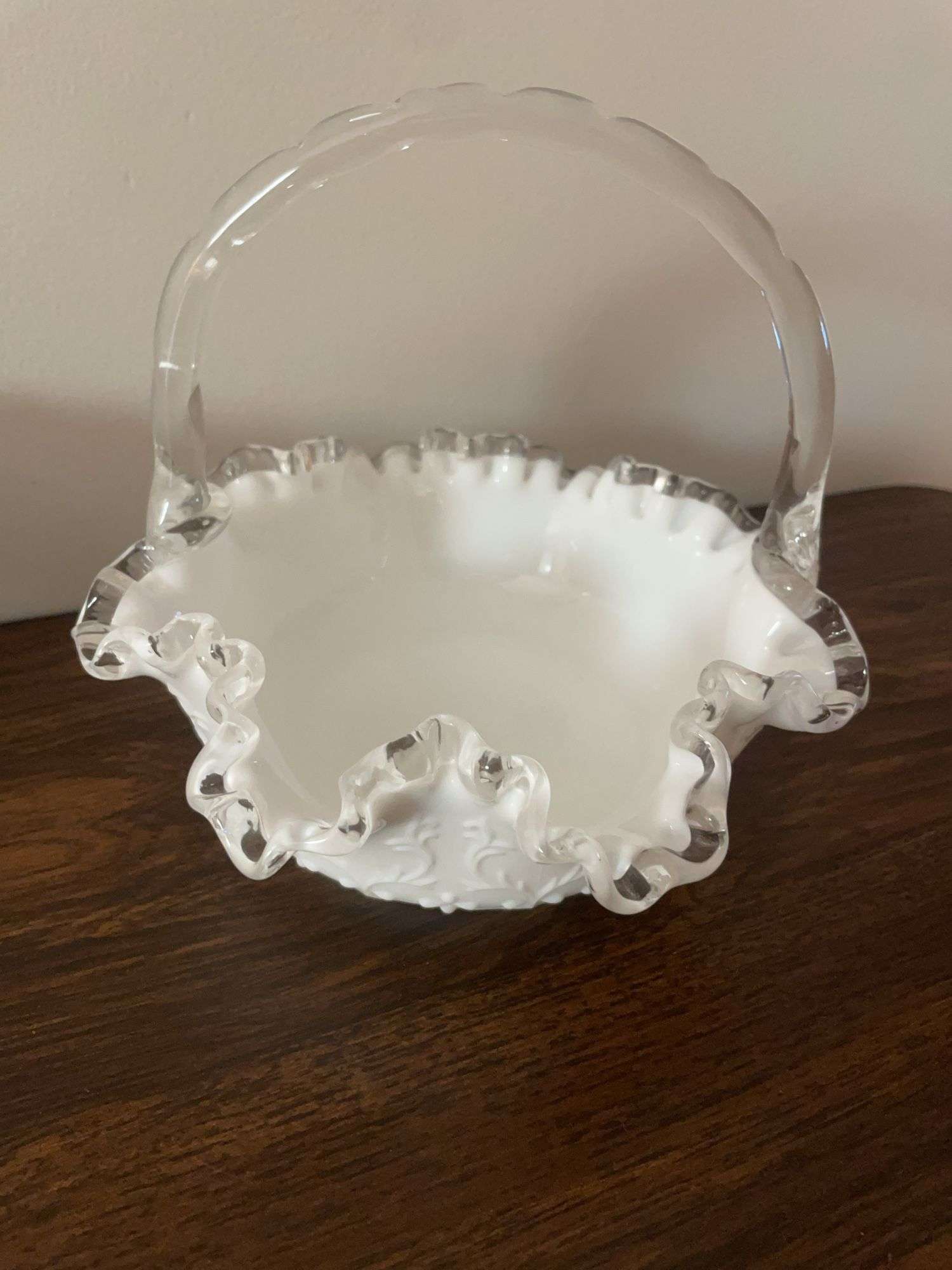 Fenton basket and (3) other silver crested dishes