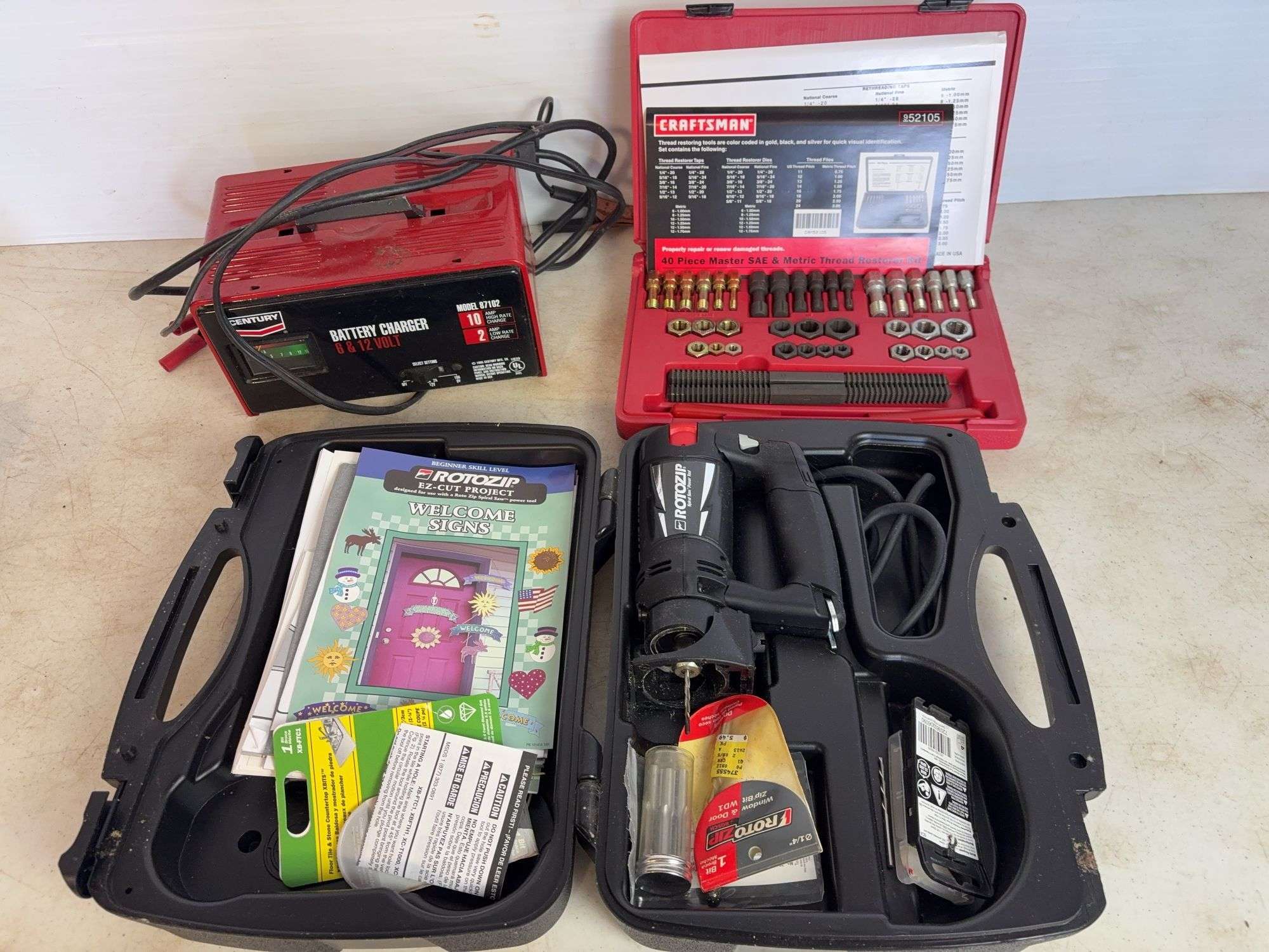 Century battery charger, rethreading set, and rotozip tool