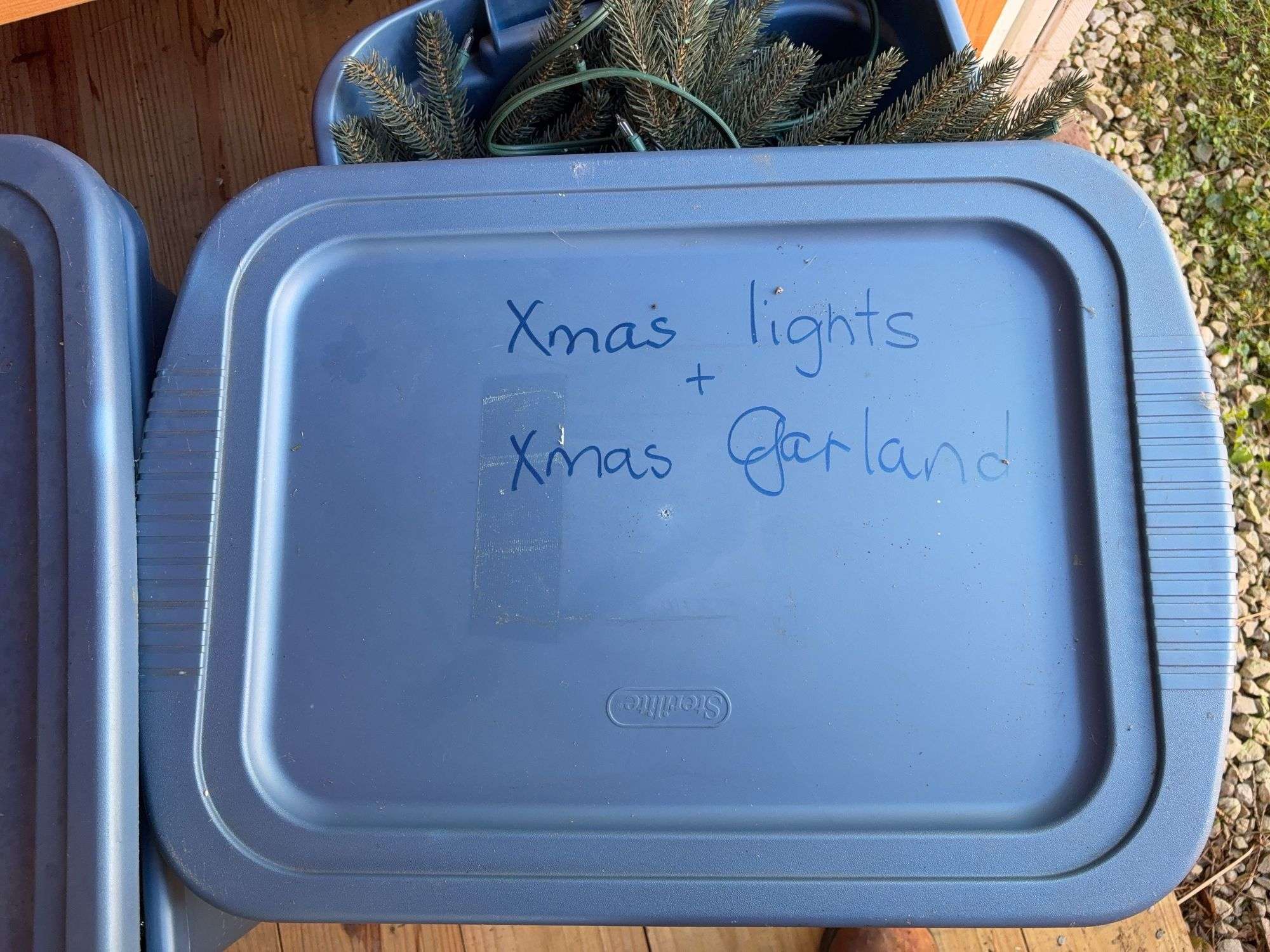 (2) totes with Christmas lights & garland