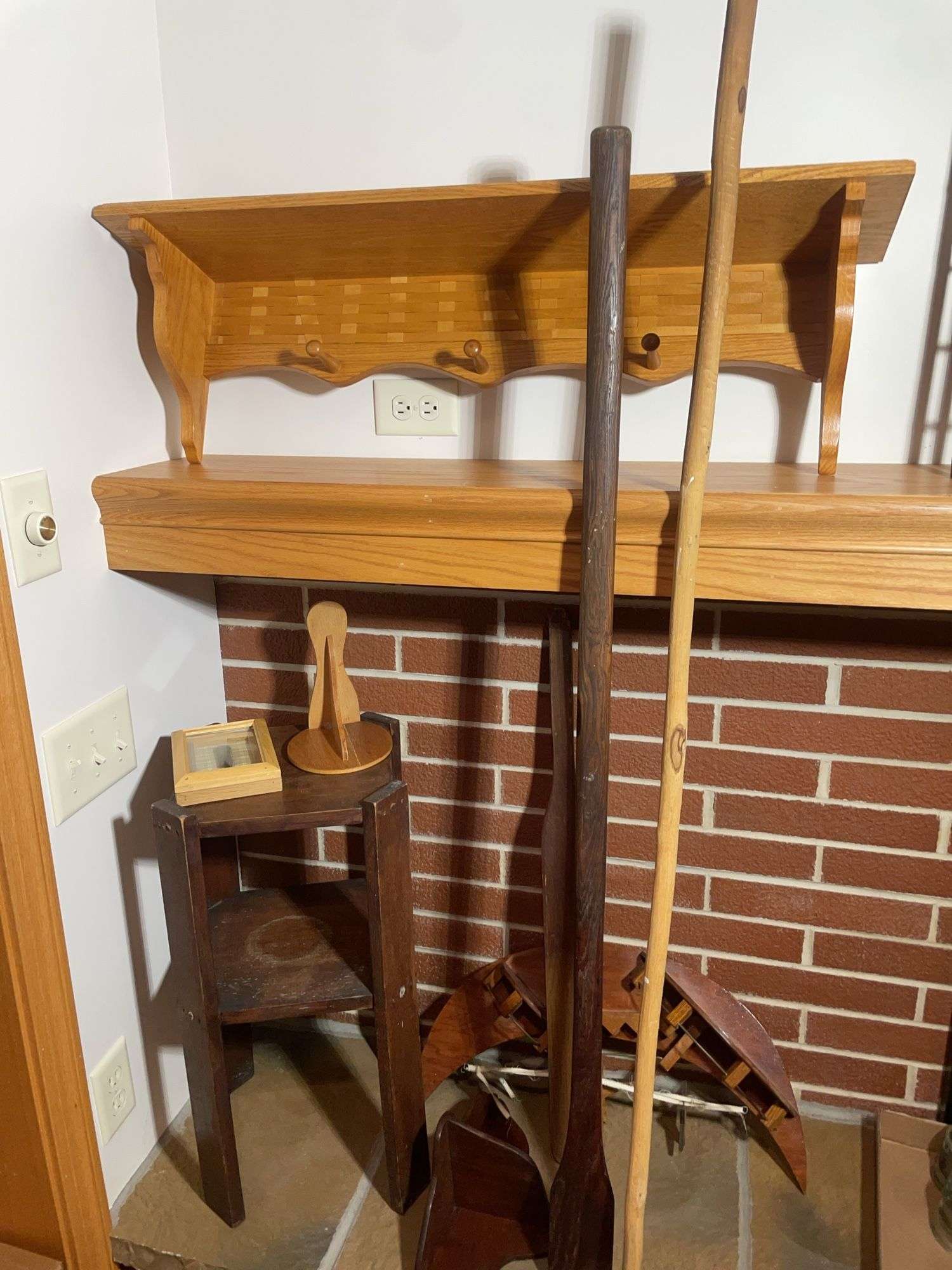 Wooden stand, wooden shelf, wooden paddles & others