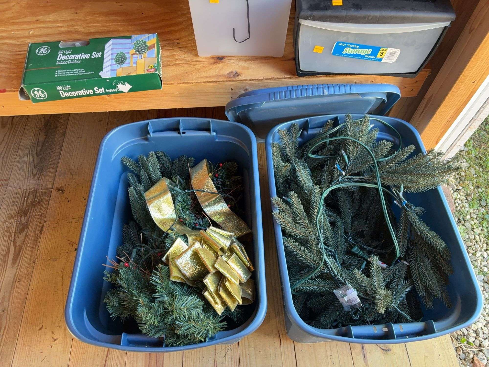 (2) totes with Christmas lights & garland