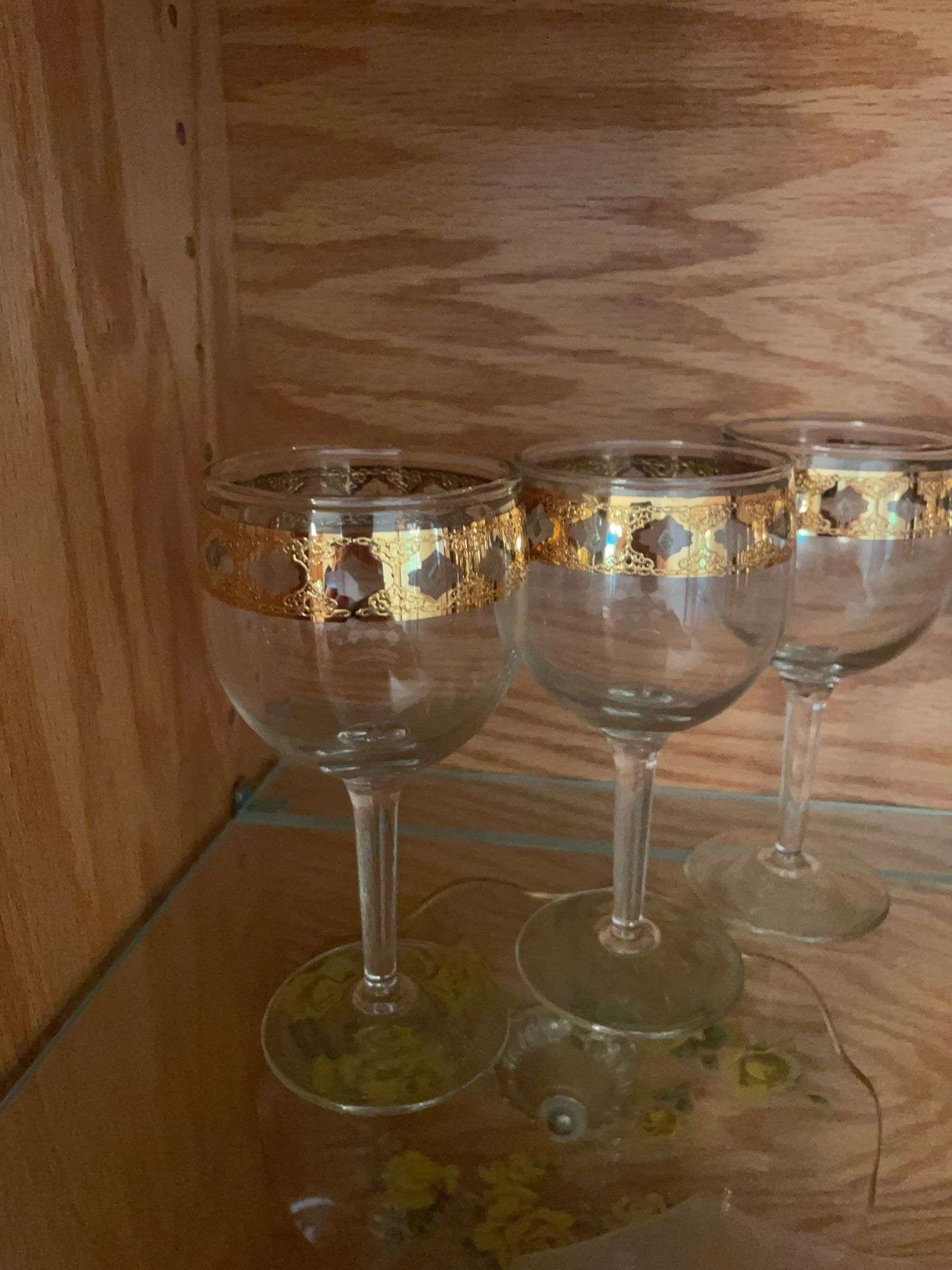 (2) shelves of glassware - stem, drinking cups, and more