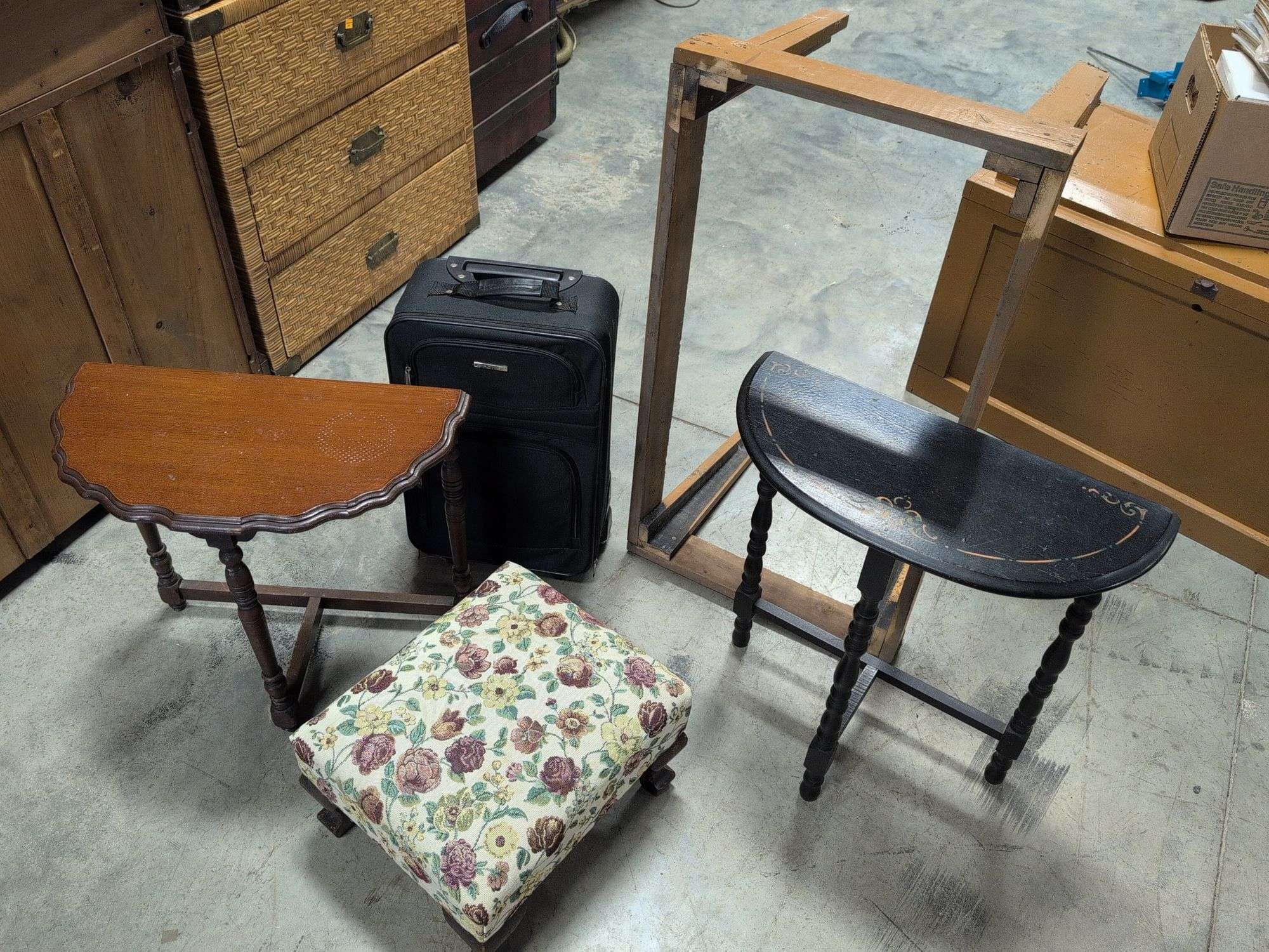 (2) end tables, upholstered stool, suitcase, and unfinished coffee table