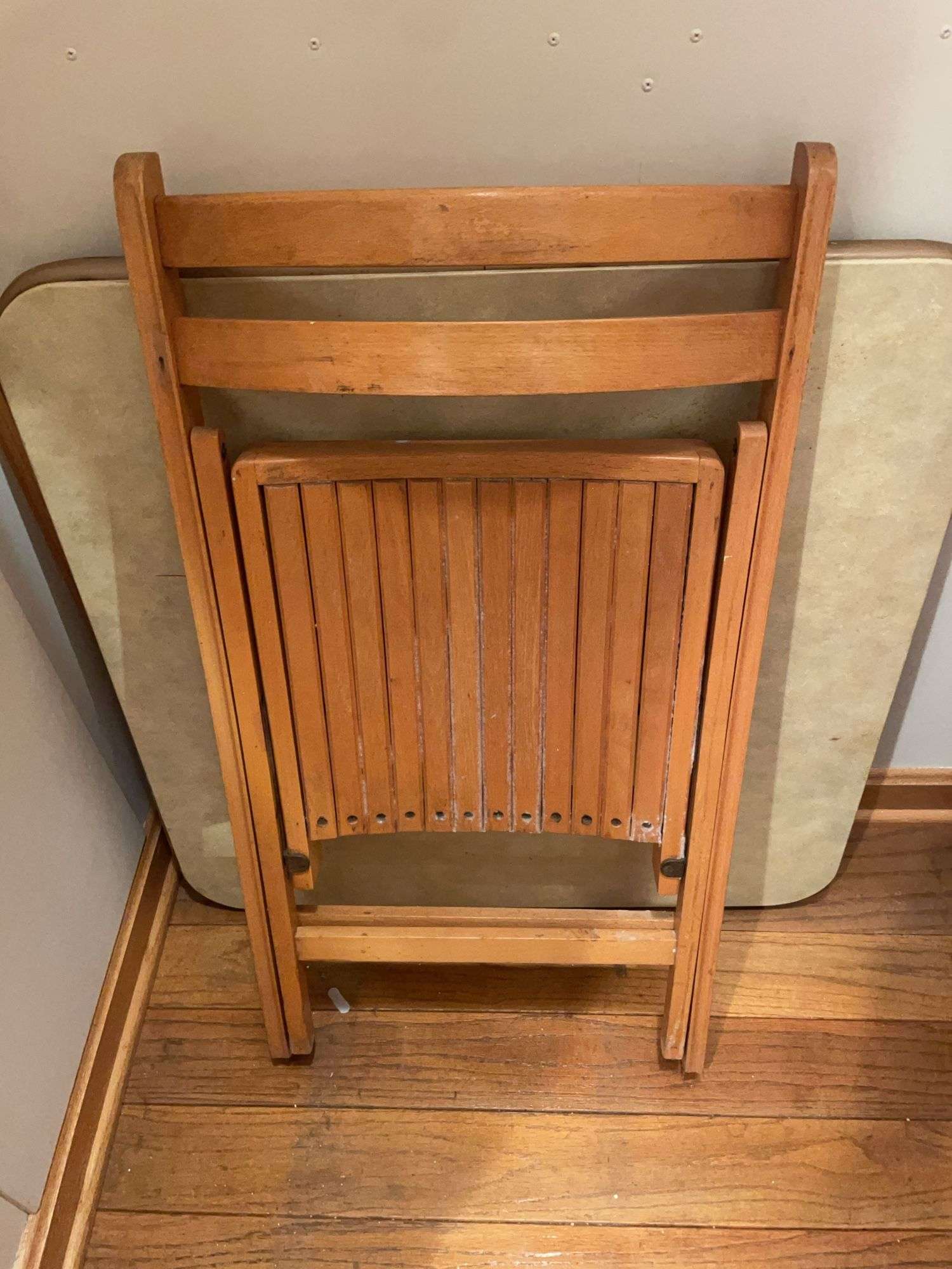 (3) wooden folding chairs and card table