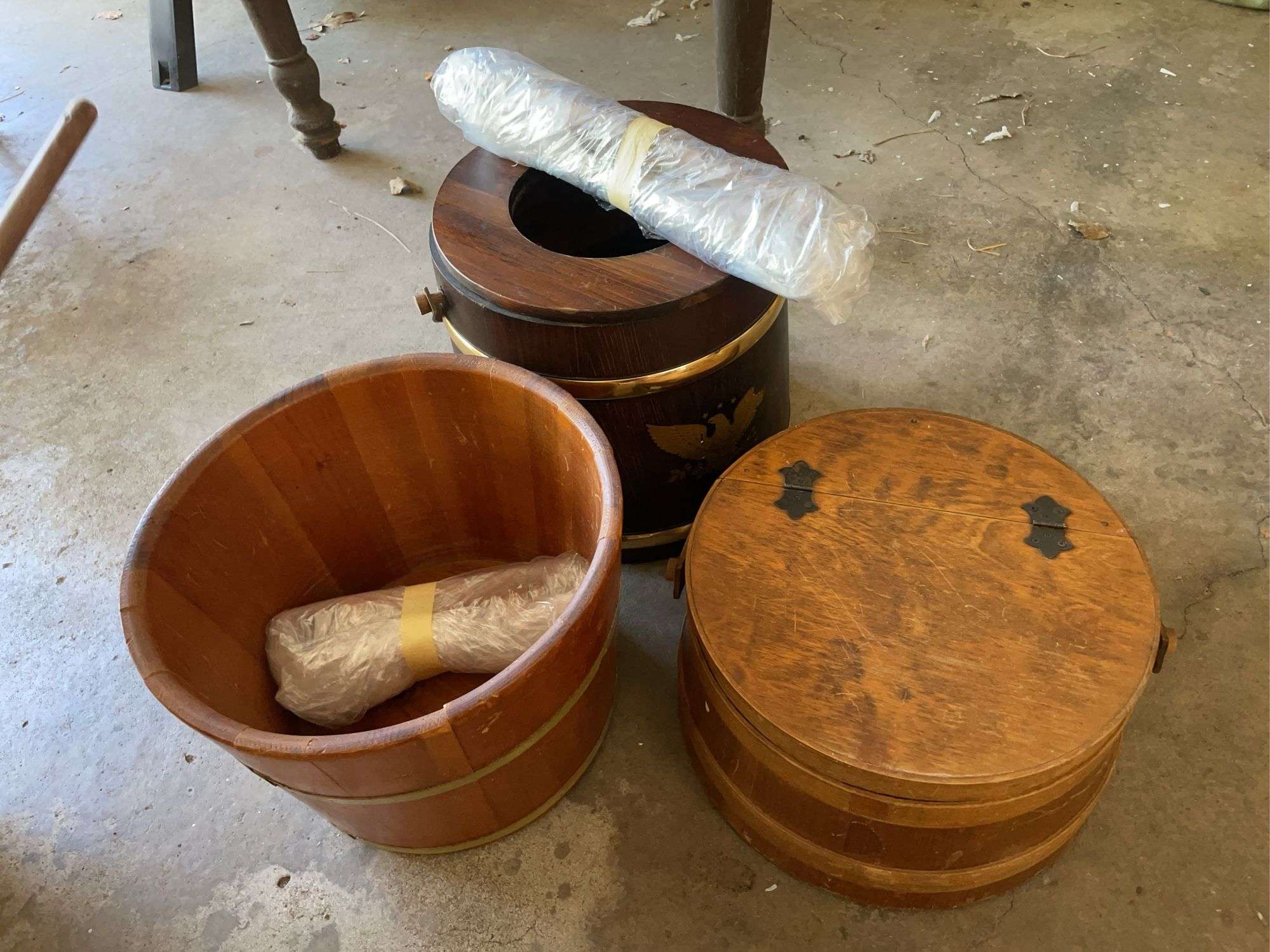 Nut cracker bucket, wooden planter w/ legs & sewing basket