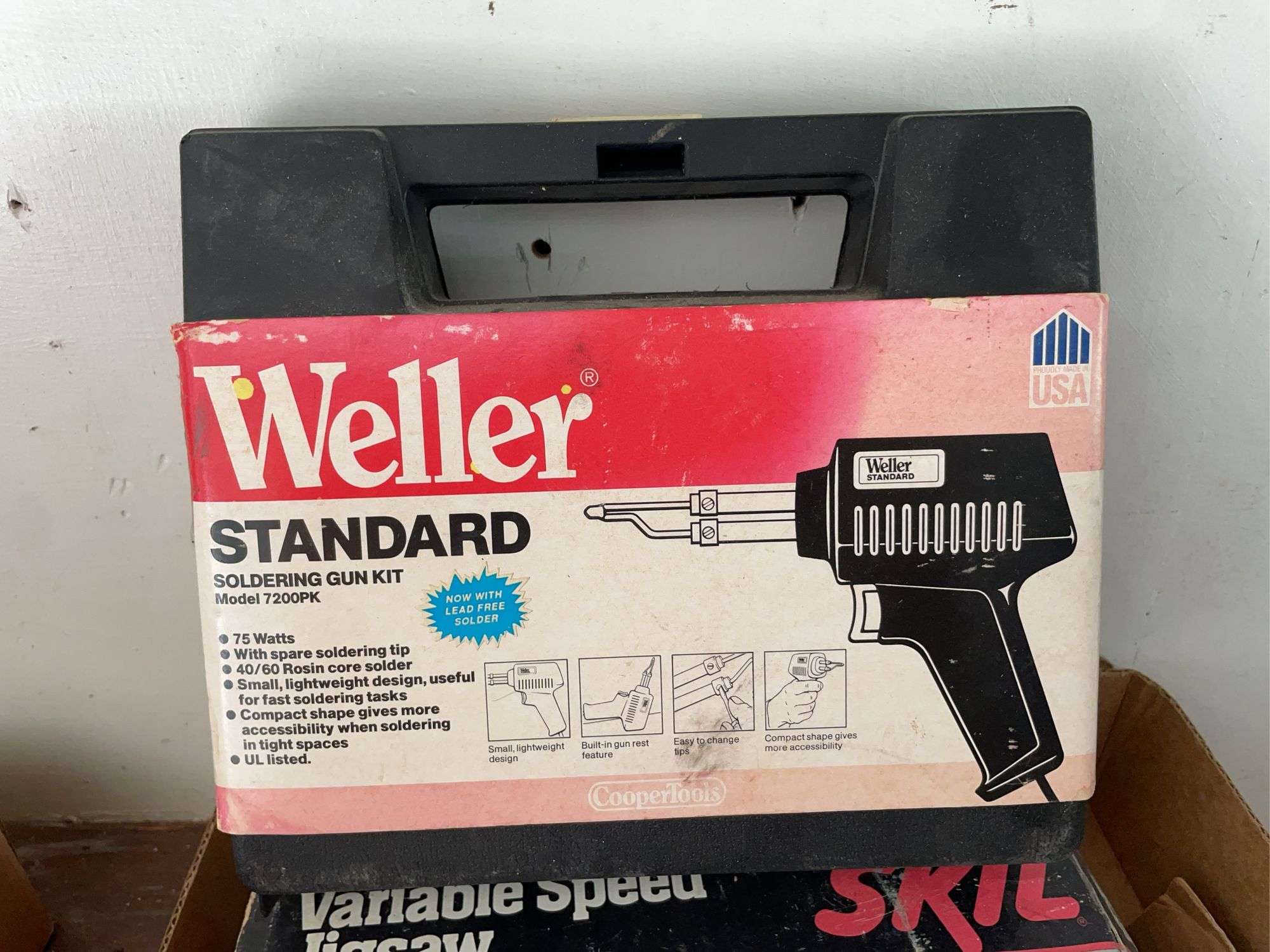 Weller soldering gun kit, skilsaw variable speed jigsaw, horseshoes & railroad spikes