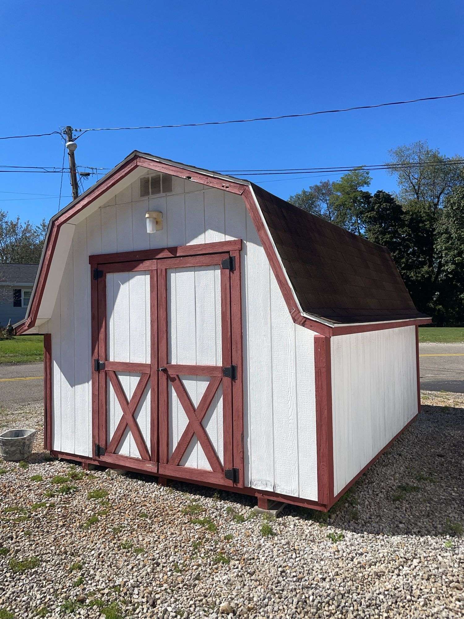 10x12 white and red storage barn - contents not included