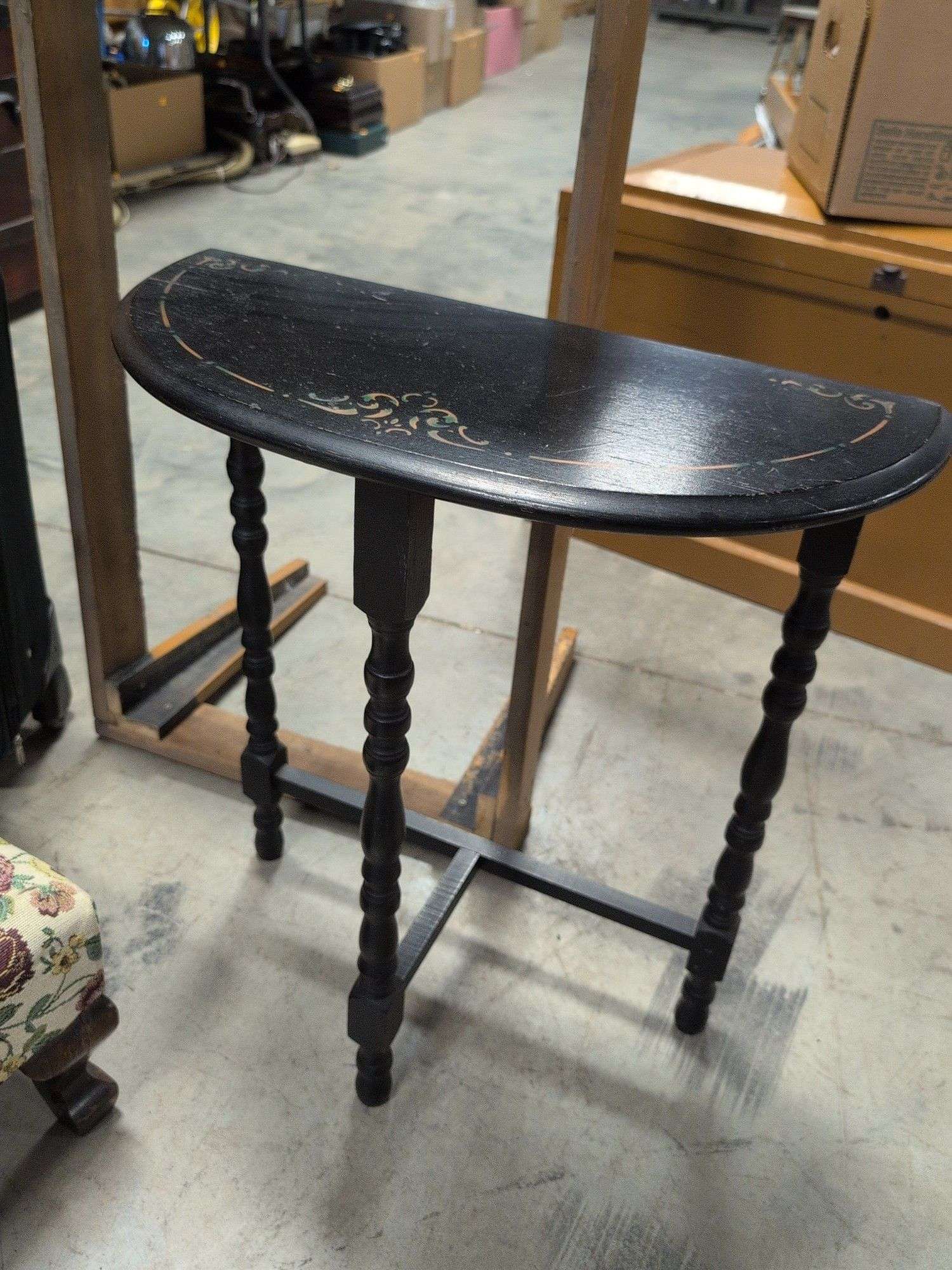 (2) end tables, upholstered stool, suitcase, and unfinished coffee table