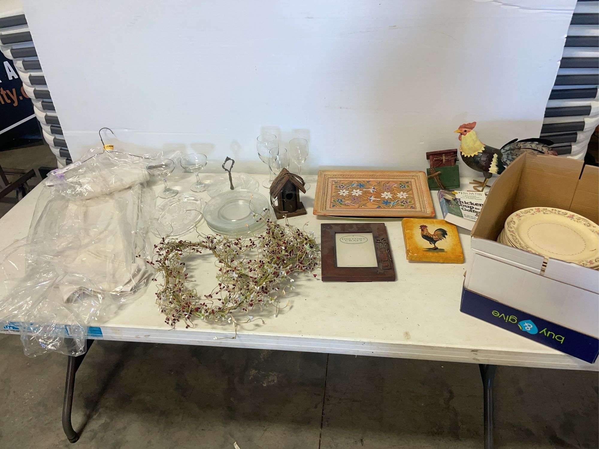 Glass plates, stem glassware, tin plates, and more