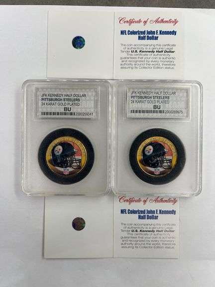 (2) John F. Kennedy Half Dollars Pittsburgh Steelers 24K Gold Plated Coins