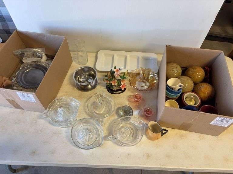 (2) boxes of glass dishes, cups, and more - pink depression, clear, and more