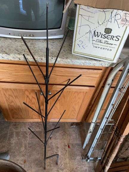 Box of empty wine bottles & decorative rack