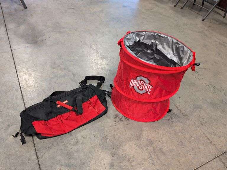 Craftsman tool bag and Ohio State pop-up cooler/trash can
