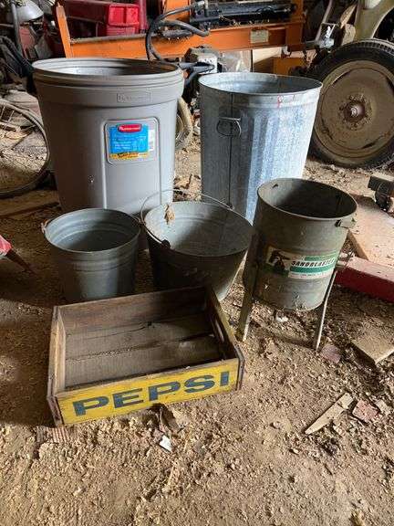 Galvanized tubs, cans, Rubbermaid trash can, Pepsi trays
