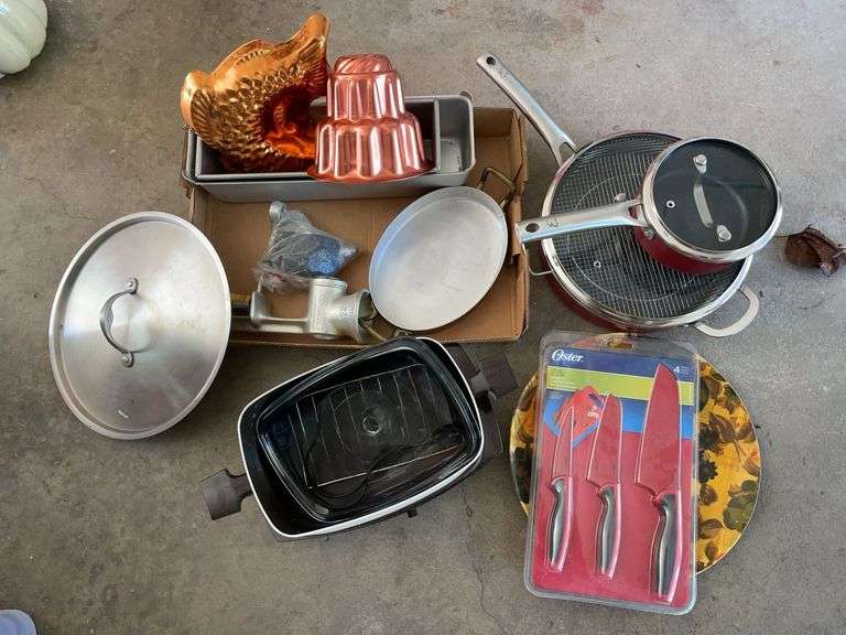 Kitchen lot including crock pot, frying pan, oster knife set & more
