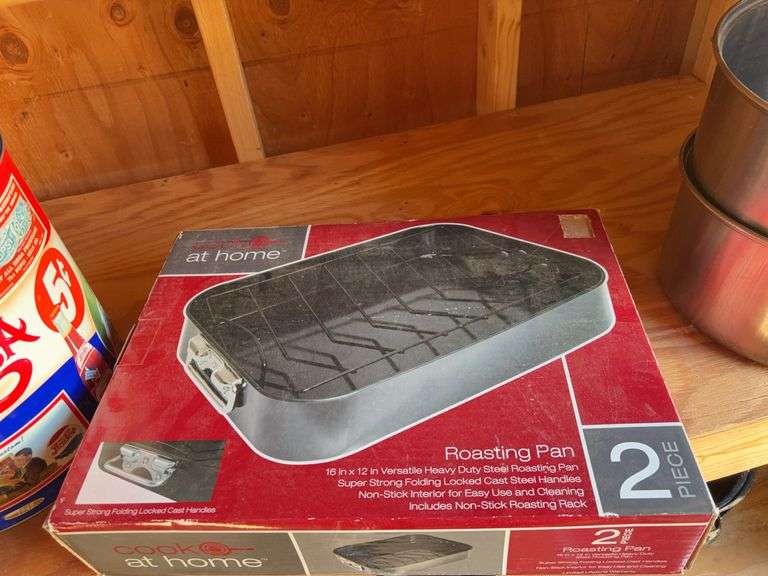 2-piece roasting pan w/ box, (2) pots, Pepsi-cola tin & misc.