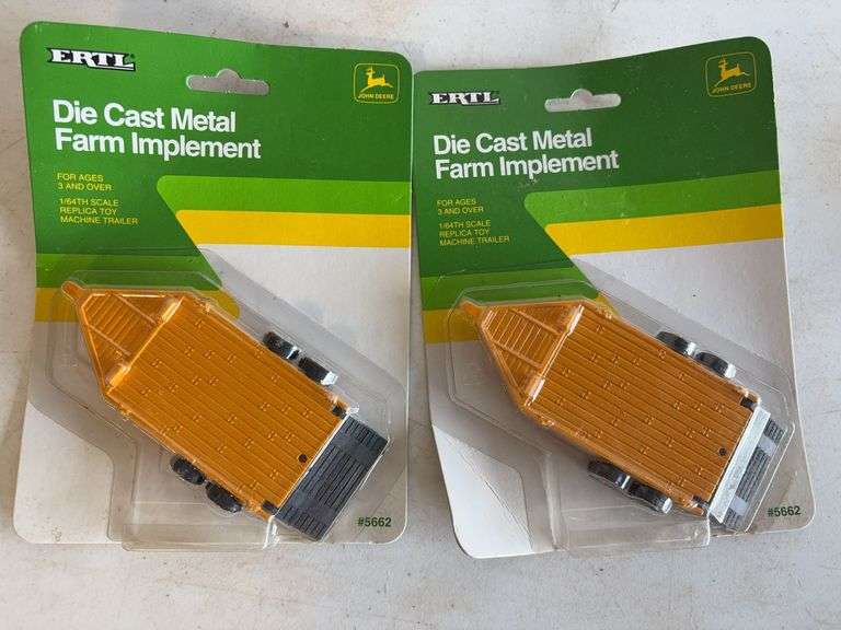 (3) John Deere model tractors, (1) rotary cutter, and (2) implements - 1/64 scale