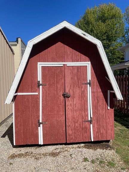 Red and white 8x12 storage barn - contents not included