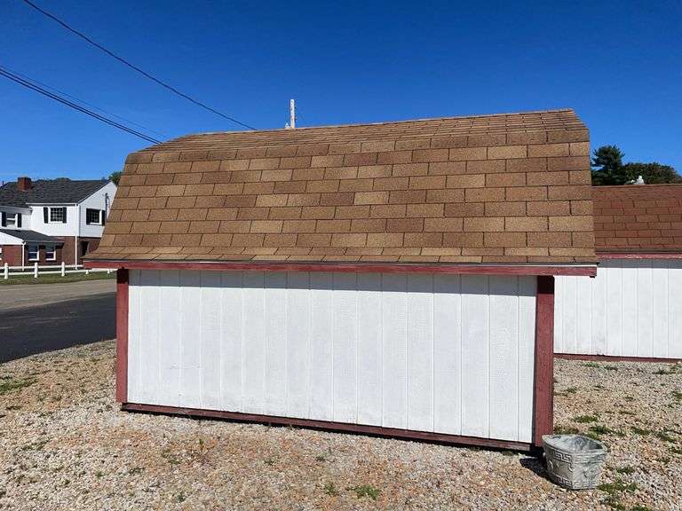 10x12 white and red storage barn - contents not included