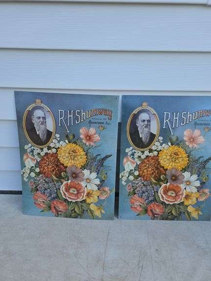 LOT OF 2 R.H. SHUMWAY EMBOSSED TIN SIGNS 12" X 16"