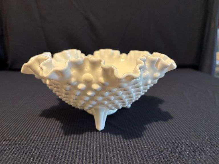 8" Fenton Hobnail milk glass 3 toed bowl
